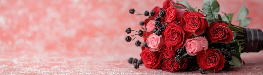 Obraz premium Elegant Bouquet of Red and Pink Roses with Black Berries on Soft Coral Background