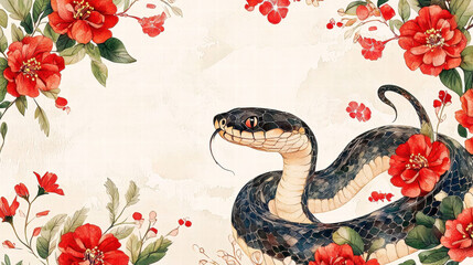 Obraz premium Chinese New Year. Artistic snake entwined with vibrant red flowers on a soft background.
