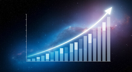 Graph, growth and chart with arrow for business analysis, market trend and data. Progress, increase and success for financial plan, profit and investment in economy