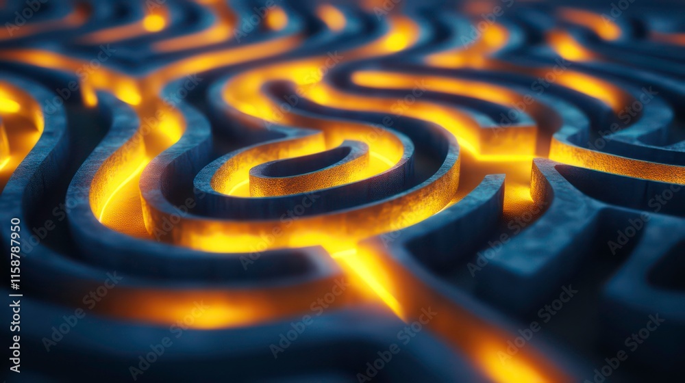Poster glowing orange lines illuminate a complex, three-dimensional maze.