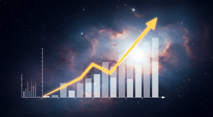 Graph, growth and chart with arrow for business analysis, market trend and data. Progress, increase and success for financial plan, profit and investment in economy