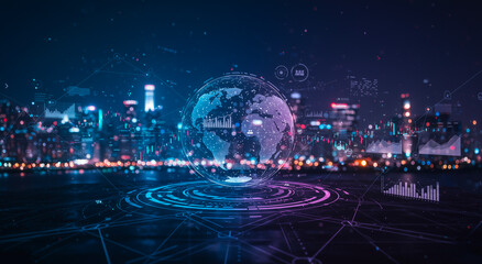 City, night and globe with data, network and technology for urban business and communication. Digital, connection and world with skyline for global market, internet and information