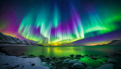 Naklejka premium Aurora-Borealis-Northern-Lights-Reflection A stunning view of the aurora borealis over a calm lake, with vibrant green, purple, and yellow lights reflecting on the water.