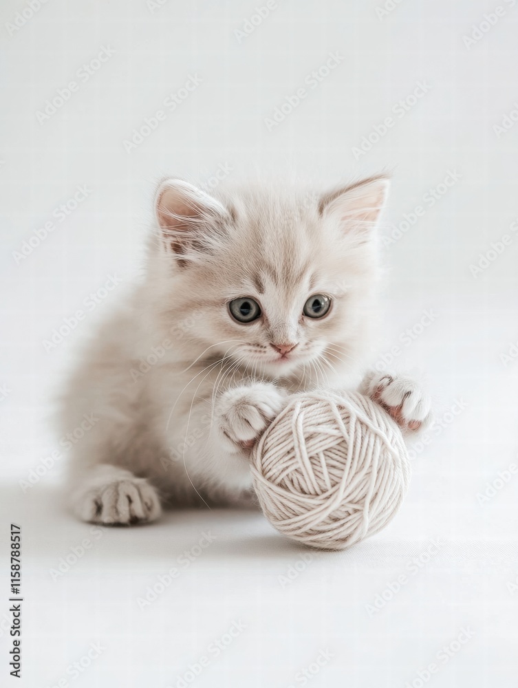 Poster cute kitten joyfully playing with a ball of yarn on a soft light background in a cozy indoor setting