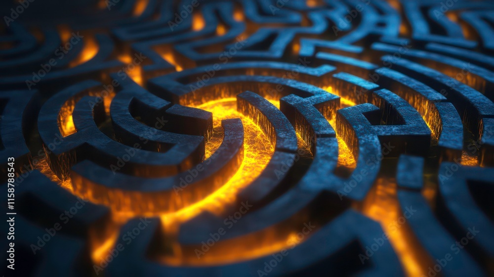Poster glowing fiery maze path, abstract puzzle concept.