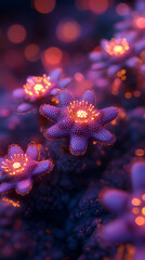 Obraz premium Glowing Alien Flora Illuminates Dark Landscape: Otherworldly Blooms Radiate Brilliantly in Mysterious Setting.