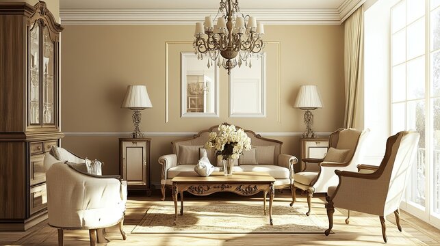 Elegant living-dining room with classic furniture, ornate chandeliers, and a warm beige color palette."