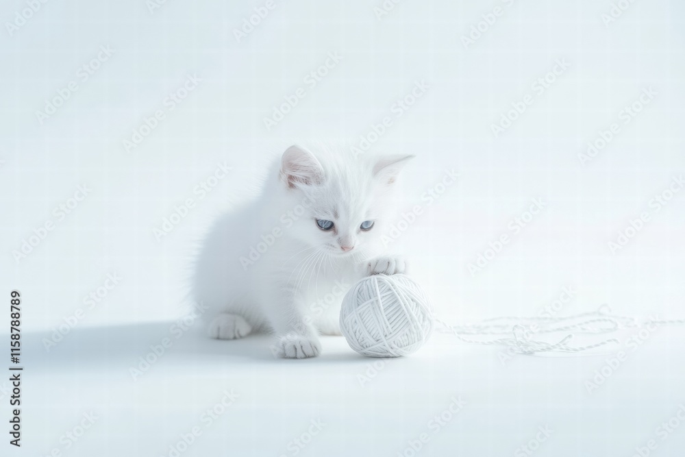 Poster cute kitten enjoys playful moment with yarn ball on a soft surface in a bright room. generative ai