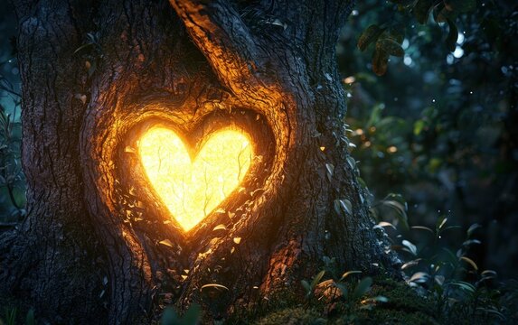 A glowing heart carved into a tree in a magical forest for valentines day