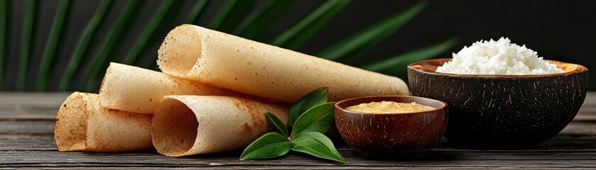 Delicious Indian Cuisine Featuring Rice, Dosa, and Chutney on a Rustic Wooden Table Setting