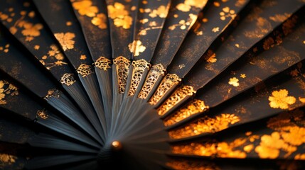 Elegant Black Hand Fan With Gold Floral Design
