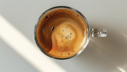 Top down view of frothy coffee in glass mug with copy space