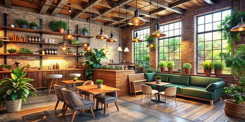 Fototapeta premium Rustic charm meets modern flair in this inviting coffee shop, with natural light and warm accents.