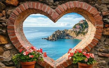 A heart-shaped window frame overlooking a beautiful ocean view for valentines day