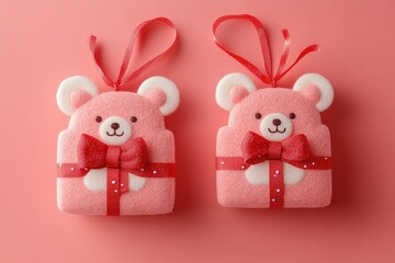 Fototapeta premium Felt ornaments with cute animal designs, 3d illustration of two light red gift boxes with bows and ribbons