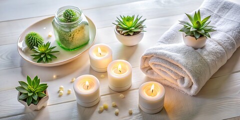 Soft white tabletop, candles, a plant, and a comforting towel.