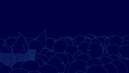 A bunch of fruits from blue lines on a dark background. Pears and apples. Vector illustration.
