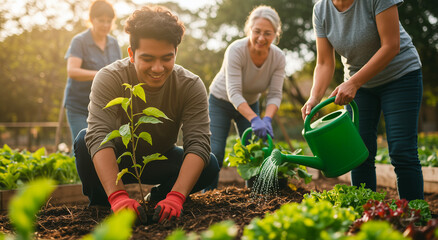 Family, planting and garden for nature, support and together, teamwork or community. People, outdoor and gardening with help, care or activity for growth, environment or sustainability