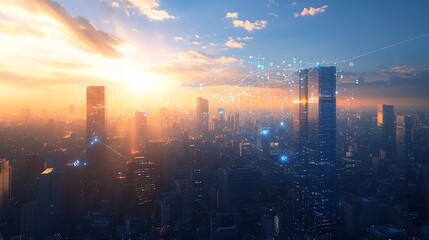 Sunset cityscape with network connections overlay.