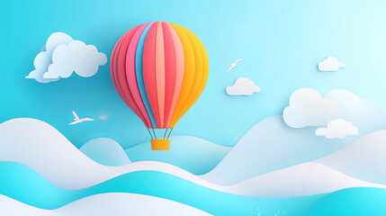 colorful hot air balloon floats above stylized waves and clouds, creating serene atmosphere