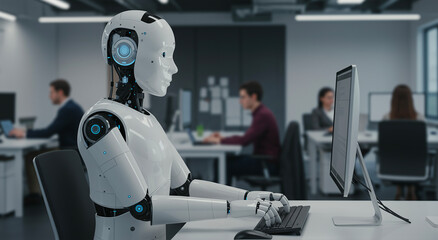 Robot, computer and office with ai, work and technology for automation, digital or futuristic. Artificial intelligence, workplace and employee with machine, learning or programming for job