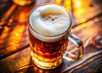 Tilt-shifted mug of amber beer, detailed frothy head, shallow focus, artistic close-up.
