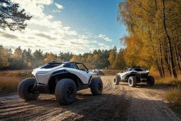 Off-road vehicles navigating a trail through autumn forest at sunset in scenic landscape
