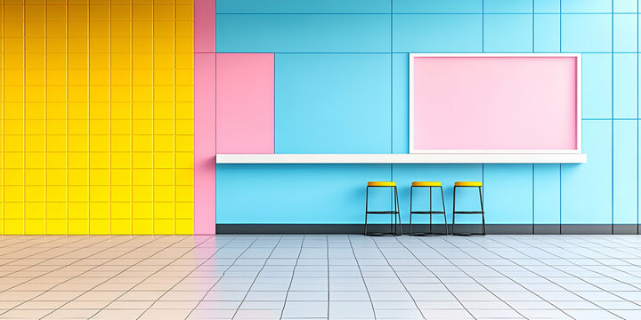 Pastel Walls, Yellow Stools, Minimalist Interior Design.  Three chairs sit at a counter, creating a vibrant and modern space.