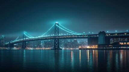 Naklejka premium Night cityscape with illuminated suspension bridge reflecting in calm water.