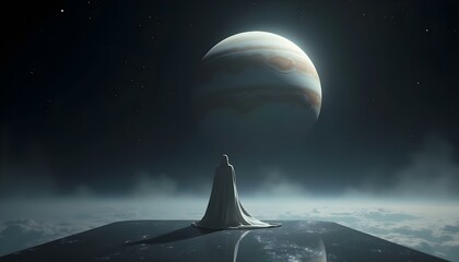 A solitary figure draped in a light, flowing cloak stands on a reflective futuristic platform, gazing at Jupiter from space. The planet looms majestically, with swirling clouds.