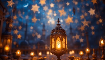 Obraz premium Ornate Moroccan lantern glowing, magical starry night sky, golden star decorations, for ramadan background