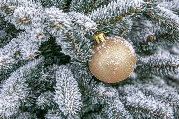 Golden decoration top view on christmas tree close up Beautiful snow top view