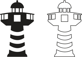 Lighthouse flat and outline icons set. Light house logos designs featuring tower vectors, representing maritime symbolism. Searchlight concept. Shore light beacon isolated on transparent background.