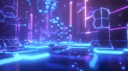 Abstract hexagonal grids with glowing blue lights, ai background