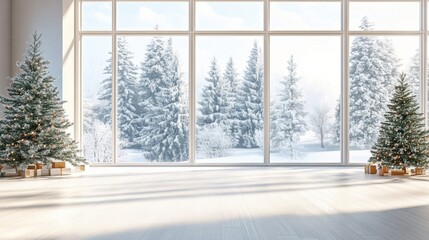 Naklejka premium Modern residential window view of snowy background,christmas tree and gift boxes.Snowy glittering winter landscape with space for products and decorations,Happy christmas time,snowfall.