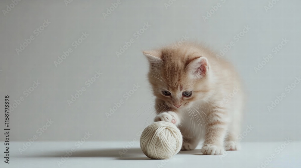Poster cute playful kitten having fun with a soft ball of yarn on a light background during a sunny afterno