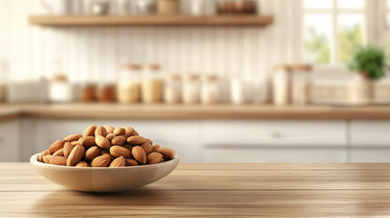 bowl of almonds on wooden table in bright kitchen setting