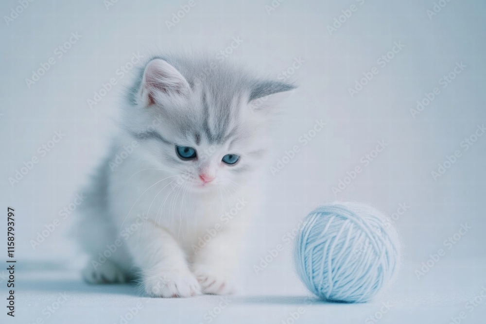 Poster cute kitten engages in playful exploration with a soft ball of yarn in a bright room setting. genera
