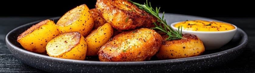 Crispy Golden Potatoes with Fresh Herbs and Savory Dipping Sauce on a Dark Plate
