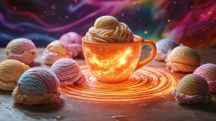 Glowing coffee cup surrounded by cosmic ice cream scoops in a stellar display