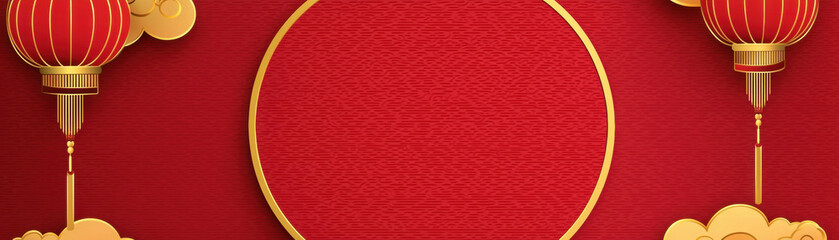 Fototapeta premium Chinese New Year. Festive red background with traditional lanterns and a circular frame.