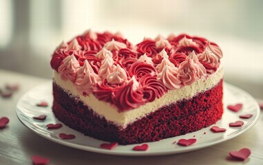 A red velvet cake in the shape of a heart for valentines day