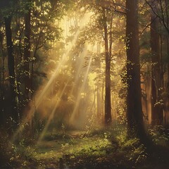 Fototapeta premium Sunbeams filtering through a lush forest canopy, illuminating the scene with a warm, ethereal glow. Evokes nature and tranquility.