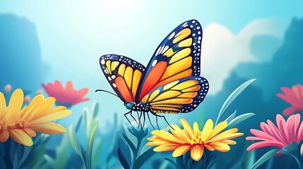 A vibrant butterfly perched on colorful flowers in a serene landscape.