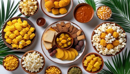 Colorful Brazilian Festa Junina Treats Arranged on a Decorative Table with Tropical Elements