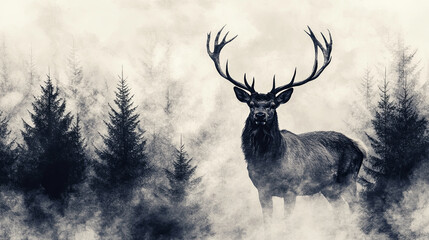 Majestic stag standing in foggy forest, surrounded by dark trees