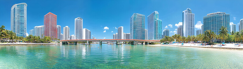 Urban Beach Paradise, Skyscrapers, Bridge, Turquoise Water, Sunny Day