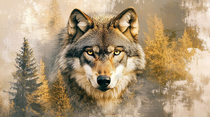 Majestic wolf with golden eyes surrounded by forest scenery, showcasing nature beauty and strength