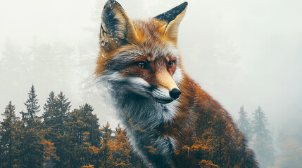 Naklejka premium playful fox stands amidst misty forest, showcasing its vibrant fur and keen expression