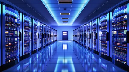 Fototapeta premium A long aisle in a server room filled with rows of illuminated server racks, conveying data storage, networking, and information technology infrastructure.